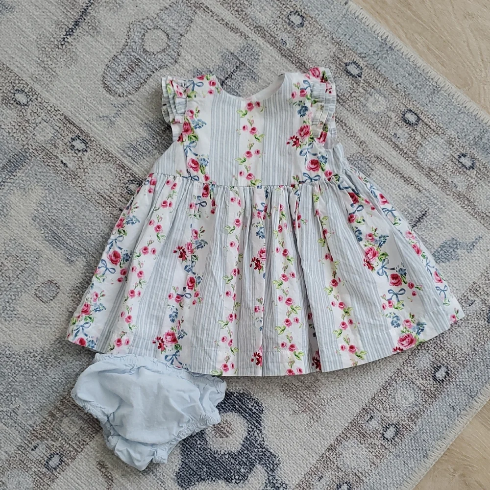 Pippa & Julie Baby Girls Blue Flowers And Ribbon Bows Dress Sz0-3m